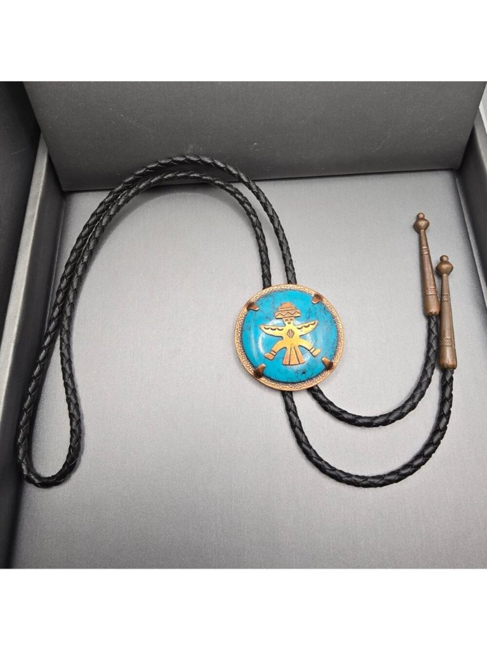 VTG Bell Trading Post Copper Faux Turquoise Birdman Bolo Tie Southwestern Boho - Picture 11 of 11